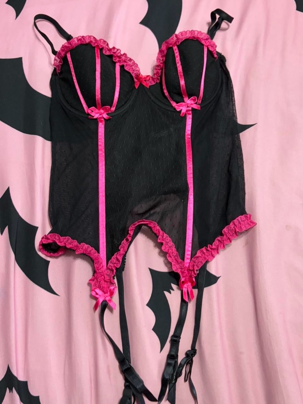 Black & Hot Pink Lace Trim Bustier Corset Top